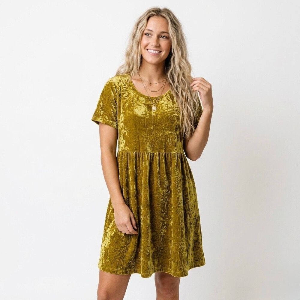 Glamorous Mustard Yellow Crushed Velvet Babydoll Mini Dress Small Boho 90s Retro